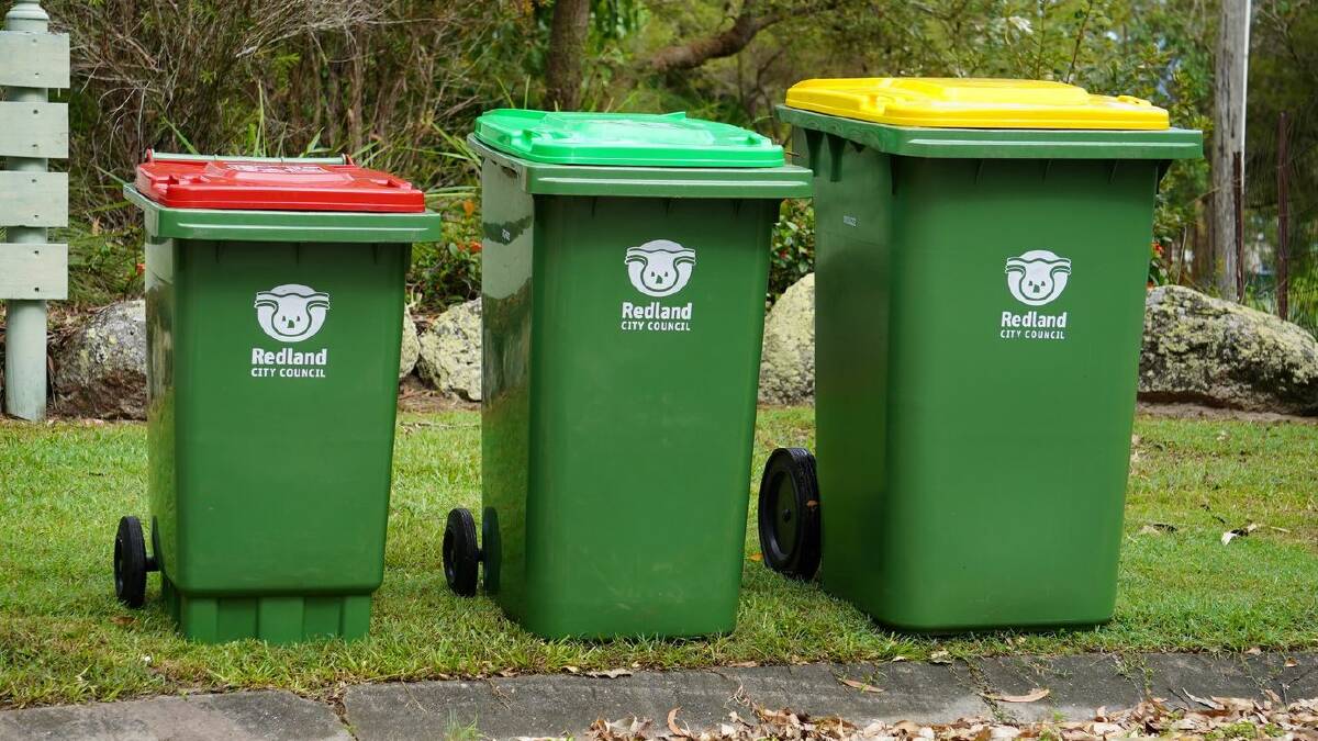 Redland City Council bins with red lids are for general waste, green lids are for green waste, and yellow-lids are for recycling. Picture supplied