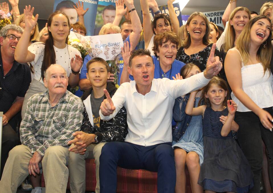 JUBILANT: Andrew Laming and his supporters celebrate the LNP MP's sixth term in Parliament as the results are announced on Saturday evening. Photo: Cheryl Goodenough